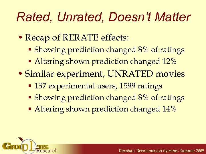 Rated, Unrated, Doesn’t Matter • Recap of RERATE effects: § Showing prediction changed 8%