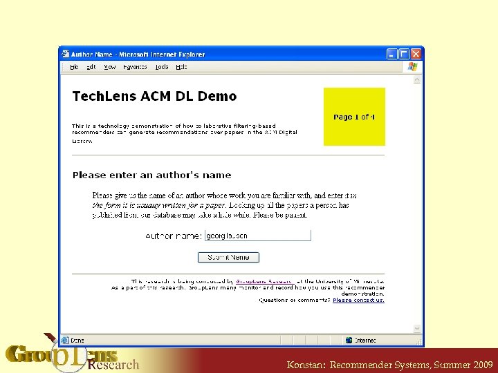 Konstan: Recommender Systems, Summer 2009 