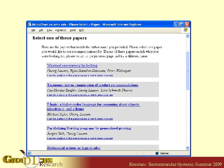 Konstan: Recommender Systems, Summer 2009 