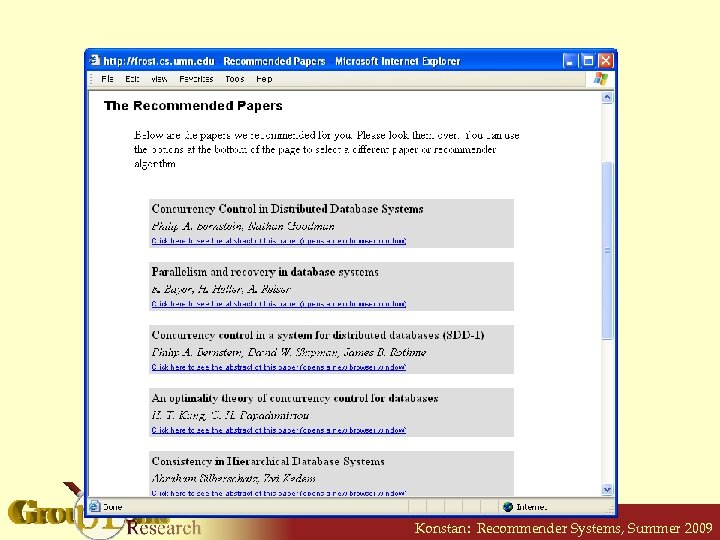 Konstan: Recommender Systems, Summer 2009 