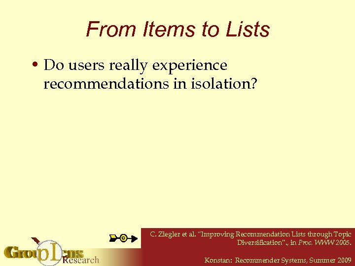 From Items to Lists • Do users really experience recommendations in isolation? C. Ziegler