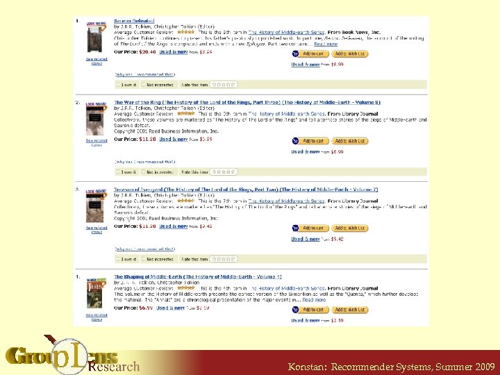 Amazon. com example Konstan: Recommender Systems, Summer 2009 