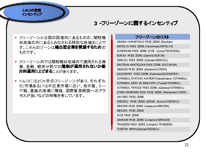 トルコの投資 インセンティブ 3 -フリーゾーンに関するインセンティブ § フリーゾーンとは国の国境内にあるものの、関税徴 収地域の外にあるとみなされる特別な地域のことで す。これらのゾーンは輸出型企業を奨励するための ものです。 § フリーゾーン内では関税徴収地域内で適用される商 業、金融、経済分野での規制が適用されないか部 分的適用にとどまることがあります。 §