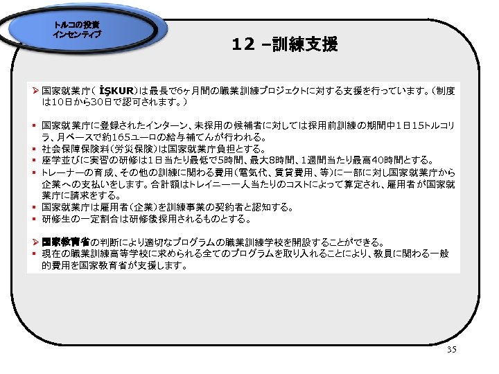 トルコの投資 インセンティブ 12 –訓練支援 Ø 国家就業庁（ İŞKUR）は最長で 6ヶ月間の職業訓練プロジェクトに対する支援を行っています。（制度 は 10日から30日で認可されます。） § 国家就業庁に登録されたインターン、未採用の候補者に対しては採用前訓練の期間中 1日 15トルコリ