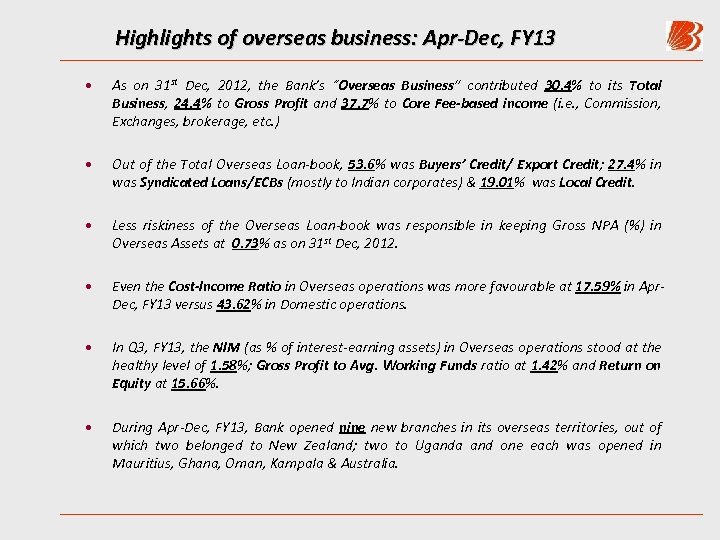 Highlights of overseas business: Apr-Dec, FY 13 • As on 31 st Dec, 2012,
