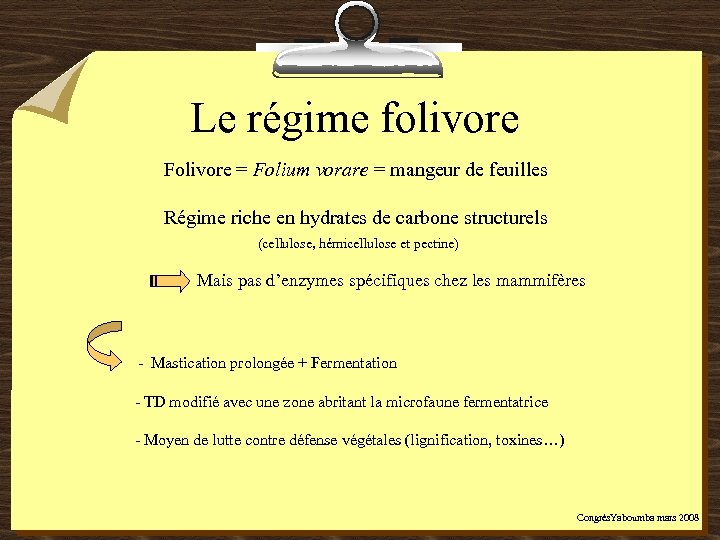 Le régime folivore Folivore = Folium vorare = mangeur de feuilles Régime riche en