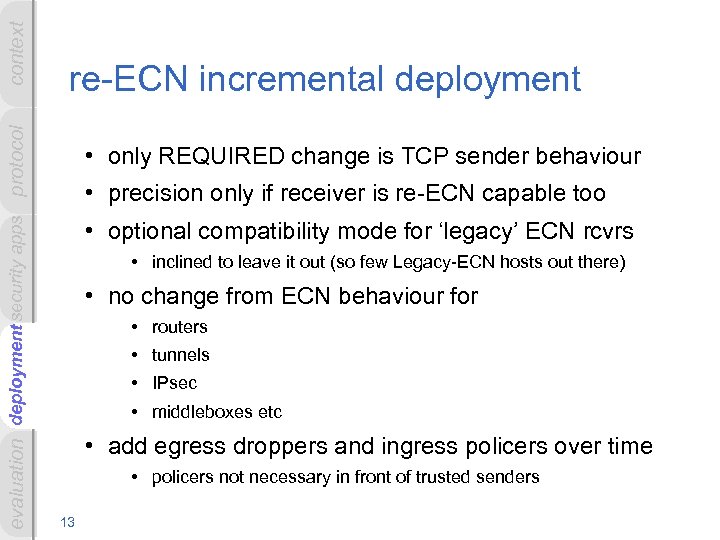 context deployment evaluation deployment security apps protocol re-ECN incremental deployment • only REQUIRED change