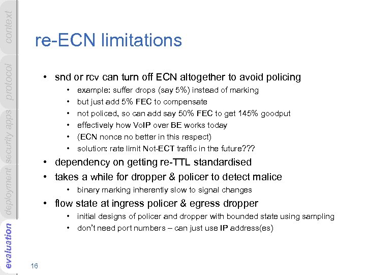 context evaluation deployment security apps protocol re-ECN limitations • snd or rcv can turn