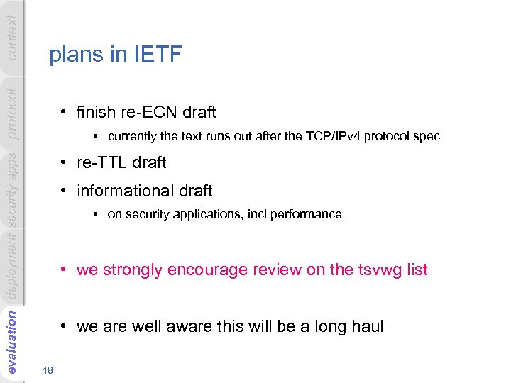 context evaluation deployment security apps protocol plans in IETF • finish re-ECN draft •