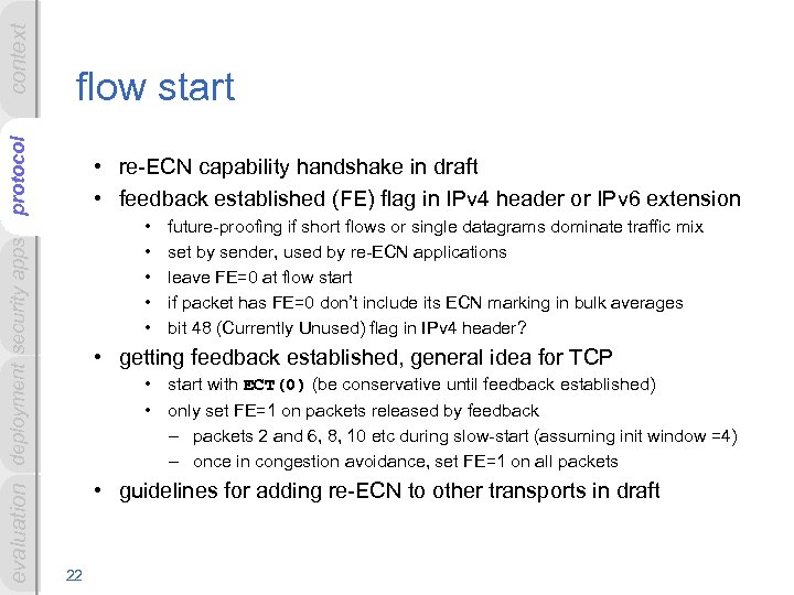 context evaluation deployment security apps protocol flow start • re-ECN capability handshake in draft