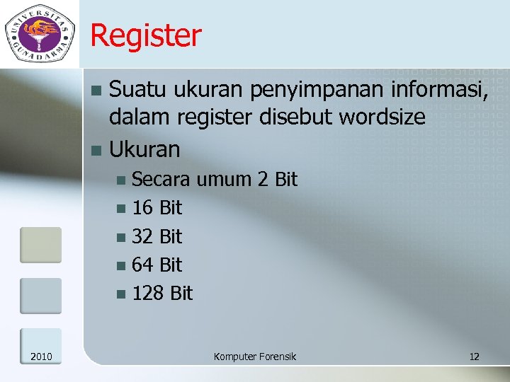 Register Suatu ukuran penyimpanan informasi, dalam register disebut wordsize n Ukuran n Secara umum