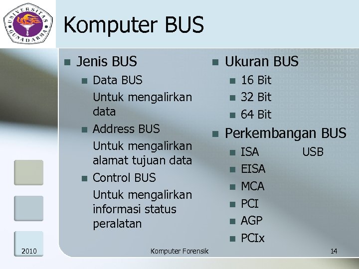 Komputer BUS n Jenis BUS n n Data BUS Untuk mengalirkan data Address BUS