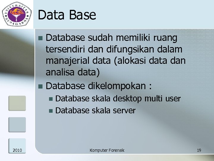 Data Base Database sudah memiliki ruang tersendiri dan difungsikan dalam manajerial data (alokasi data