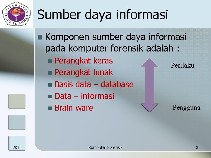 Sumber daya informasi n Komponen sumber daya informasi pada komputer forensik adalah : Perangkat