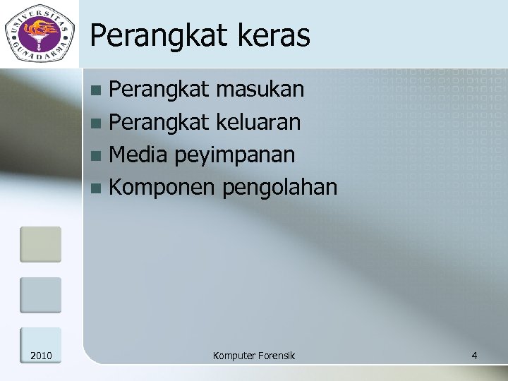 Perangkat keras Perangkat masukan n Perangkat keluaran n Media peyimpanan n Komponen pengolahan n