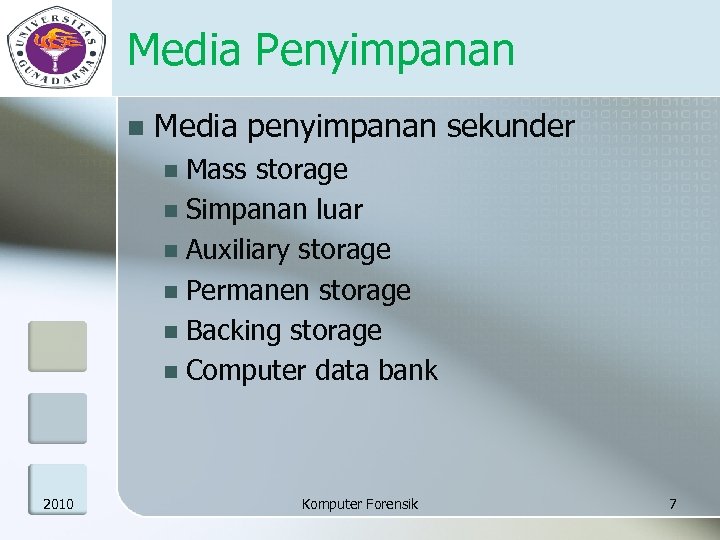 Media Penyimpanan n Media penyimpanan sekunder Mass storage n Simpanan luar n Auxiliary storage