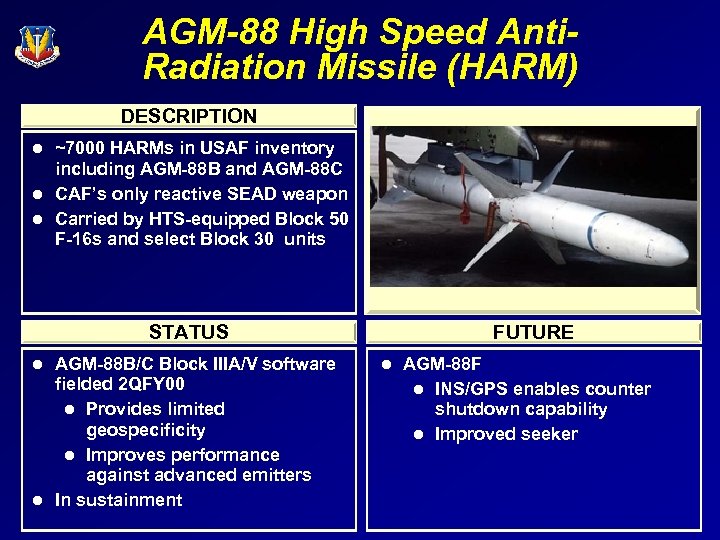 AGM-88 High Speed Anti. Radiation Missile (HARM) DESCRIPTION ~7000 HARMs in USAF inventory including