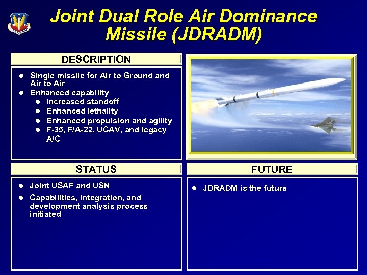 Joint Dual Role Air Dominance Missile (JDRADM) DESCRIPTION Single missile for Air to Ground