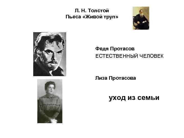 Л. Н. Толстой Пьеса «Живой труп» Федя Протасов ЕСТЕСТВЕННЫЙ ЧЕЛОВЕК Лиза Протасова уход из