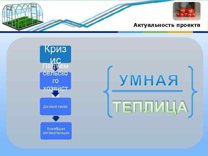 Актуальность проекта Криз ис Подъем сельско го хозяйст ва Дачный сезон Всеобщая автоматизация ТЕПЛИЦА