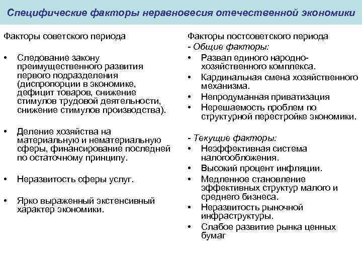 Специфические факторы неравновесия отечественной экономики Факторы советского периода • Следование закону преимущественного развития первого