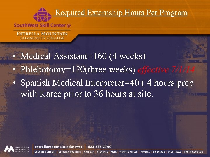  Required Externship Hours Per Program • Medical Assistant=160 (4 weeks) • Phlebotomy=120(three weeks)