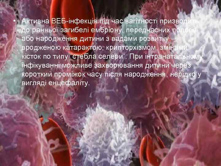  • Активна ВЕБ-інфекція під час вагітності призводить до ранньої загибелі ембріону, передчасних пологів
