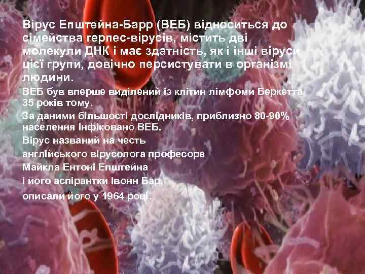 Вірус Епштейна-Барр (ВЕБ) відноситься до сімейства герпес-вірусів, містить дві молекули ДНК і має здатність,