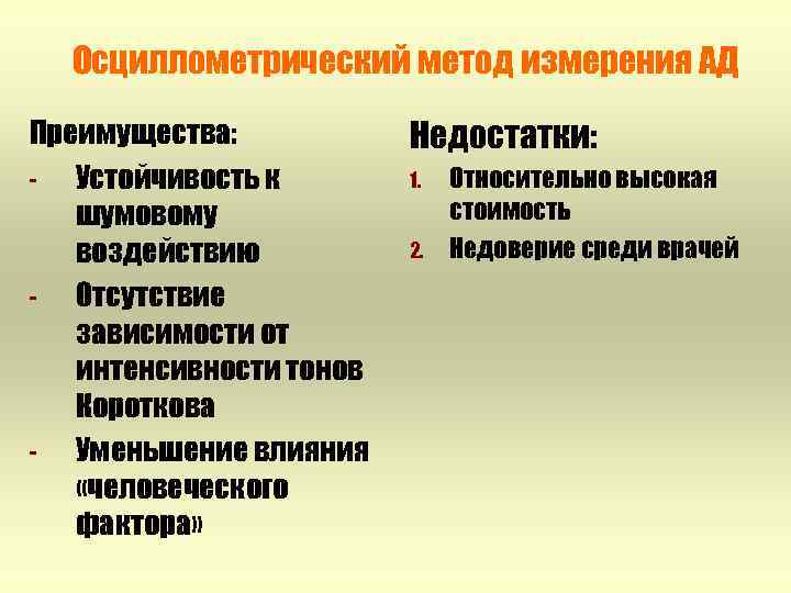 Осциллометрический метод измерения АД Преимущества: Устойчивость к шумовому воздействию Отсутствие зависимости от интенсивности тонов