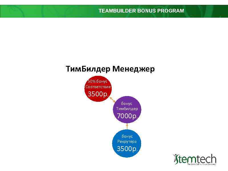 TEAMBUILDER BONUS PROGRAM Тим. Билдер Менеджер 50% бонус Соответствие 3500 р. бонус Тим. Билдер