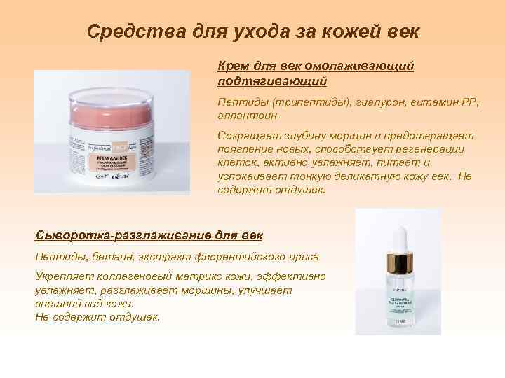 Средства для ухода за кожей век Крем для век омолаживающий подтягивающий Пептиды (трипептиды), гиалурон,