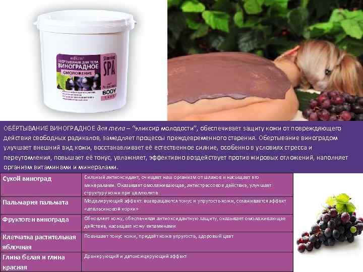 ОБЁРТЫВАНИЕ ВИНОГРАДНОЕ для тела – “эликсир молодости”, обеспечивает защиту кожи от повреждяющего действия свободных