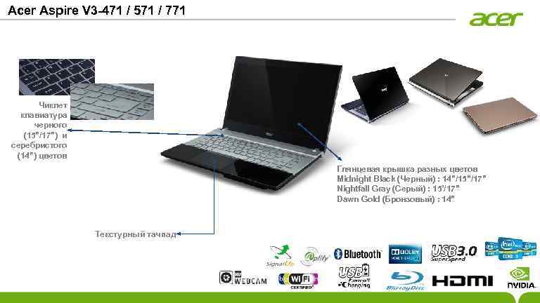 Acer Aspire V 3 -471 / 571 / 771 Чиклет клавиатура черного (15”/17”) и