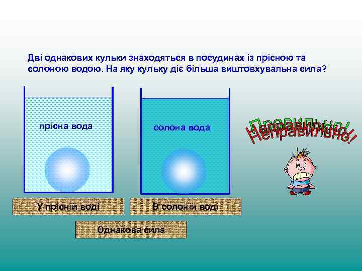 Дві однакових кульки знаходяться в посудинах із прісною та солоною водою. На яку кульку