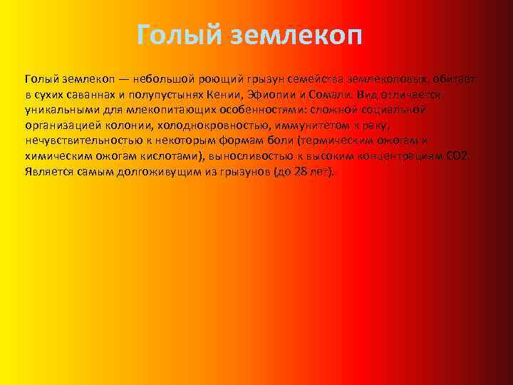 Голый землекоп — небольшой роющий грызун семейства землекоповых, обитает в сухих саваннах и полупустынях