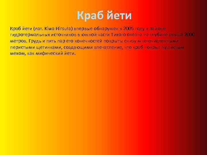 Краб йети (лат. Kiwa Hirsuta) впервые обнаружен в 2005 году в районе гидротермальных источников