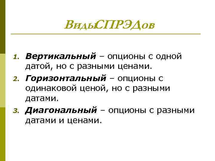Виды СПРЭДов : 1. 2. 3. Вертикальный – опционы с одной датой, но с