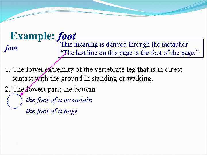 Example: foot This meaning is derived through the metaphor “The last line on this