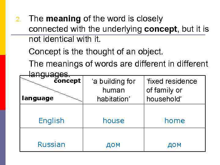 2. The meaning of the word is closely connected with the underlying concept, but