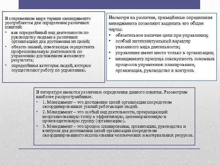 В современном мире термин «менеджмент» употребляется для определения различных понятий: • как определённый вид