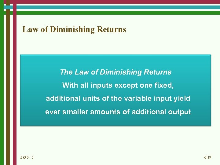Law of Diminishing Returns The Law of Diminishing Returns With all inputs except one