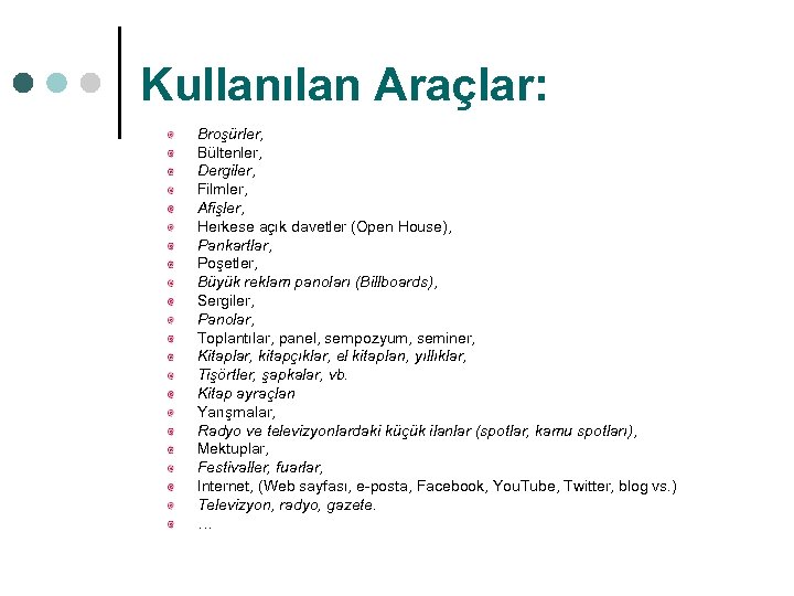 Kullanılan Araçlar: Broşürler, Bültenler, Dergiler, Filmler, Afişler, Herkese açık davetler (Open House), Pankartlar, Poşetler,