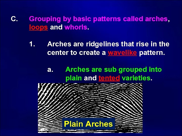 C. Grouping by basic patterns called arches, loops and whorls. 1. Arches are ridgelines