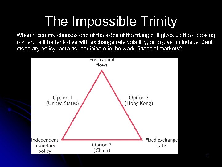 The Impossible Trinity When a country chooses one of the sides of the triangle,
