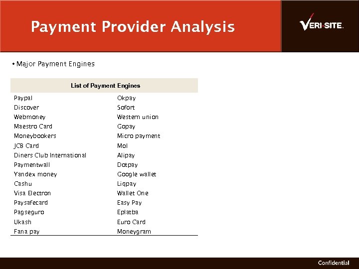 Payment Provider Analysis • Major Payment Engines List of Payment Engines Paypal Okpay Discover