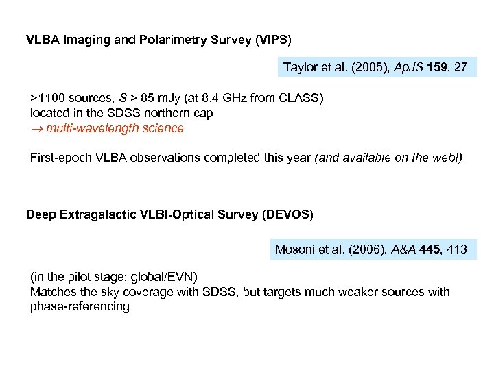 VLBA Imaging and Polarimetry Survey (VIPS) Taylor et al. (2005), Ap. JS 159, 27