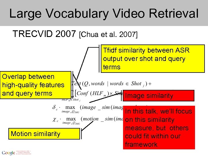 Large Vocabulary Video Retrieval TRECVID 2007 [Chua et al. 2007] Tfidf similarity between ASR