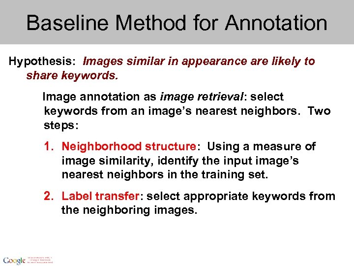 Baseline Method for Annotation Hypothesis: Images similar in appearance are likely to share keywords.