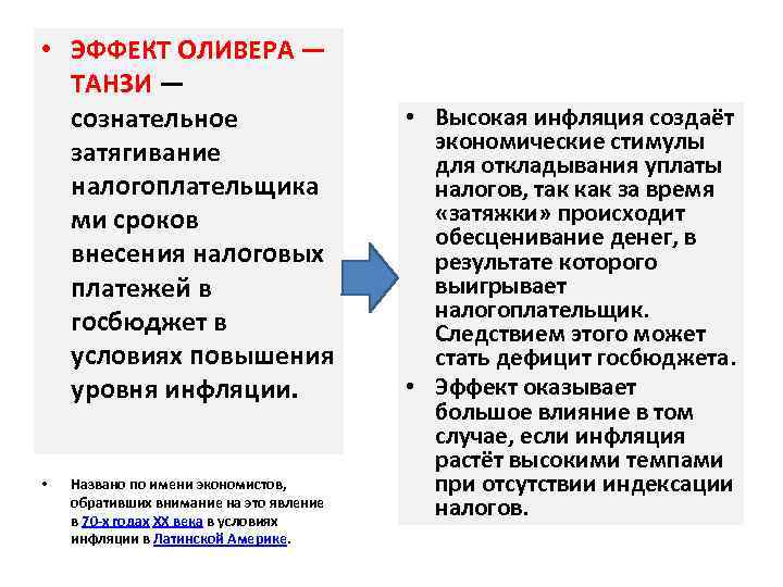  • ЭФФЕКТ ОЛИВЕРА — ТАНЗИ — сознательное затягивание налогоплательщика ми сроков внесения налоговых