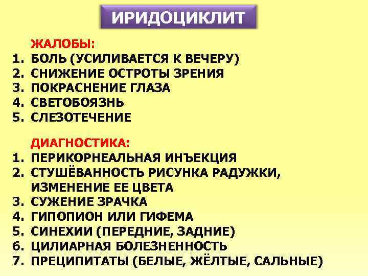 ИРИДОЦИКЛИТ 1. 2. 3. 4. 5. 6. 7. ЖАЛОБЫ: БОЛЬ (УСИЛИВАЕТСЯ К ВЕЧЕРУ) СНИЖЕНИЕ